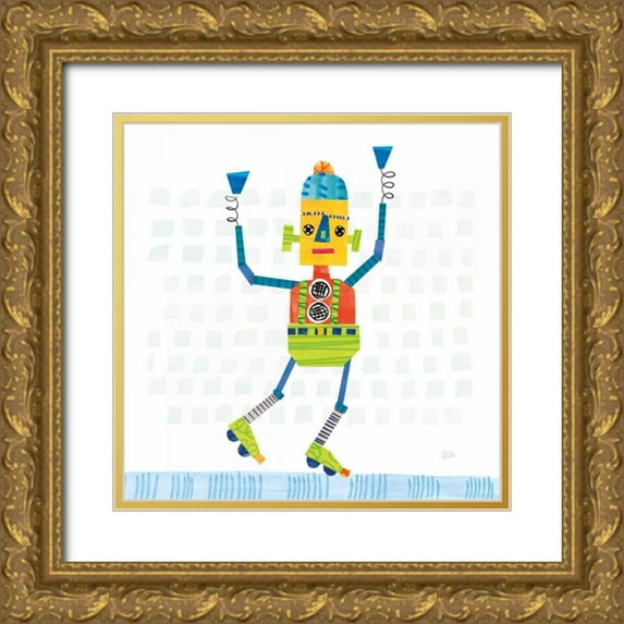 Averinos, Melissa 26x26 Gold Ornate Wood Framed with Double Matting Museum Art Print Titled - Robot Party I on Squares