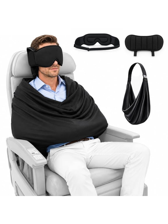 Travel Pillow with Eye Mask, 3-in-1 Airplane Sleep Support Travel Essentials for Comfort, Portable Sleep System with Neck Support Head Strap, Sleeper Hold for Flight Car Train
