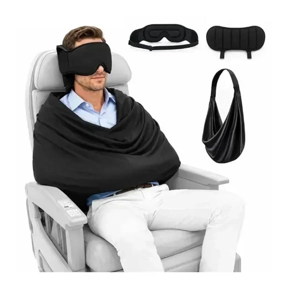 Avernio Travel Pillow with Eye Mask, 3-in-1 Airplane Sleep Support Travel Essentials for Comfort, Portable Sleep System with Neck Support Head Strap, Sleeper Hold for Flight Car Train