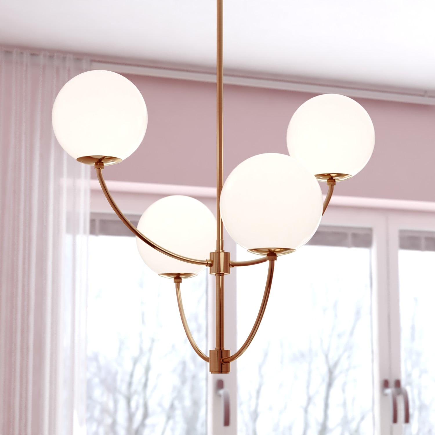 Avers 26" Gold Brass Mid-Century Modern Chandelier with White Globe Glass