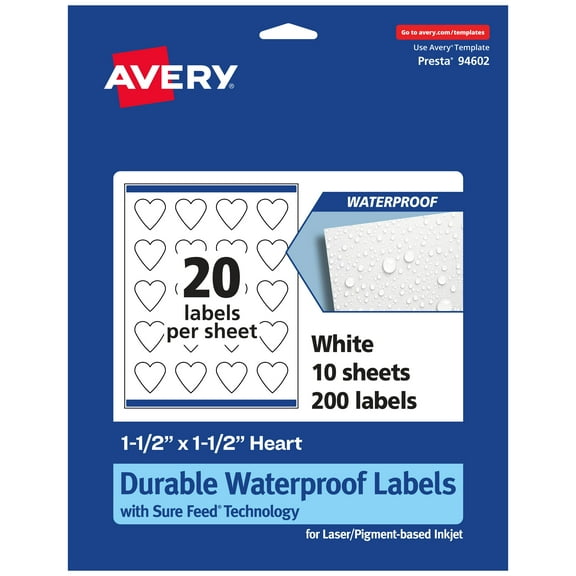 Avery 1-1/2" x 1-1/2" Waterproof Heart Labels, 200 Labels