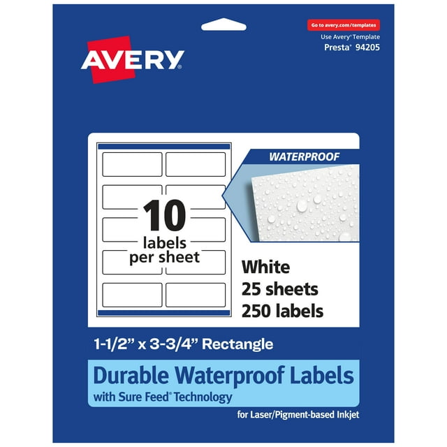Avery 1-1/2" x 3-3/4" Waterproof Rectangle Labels, 250 Labels