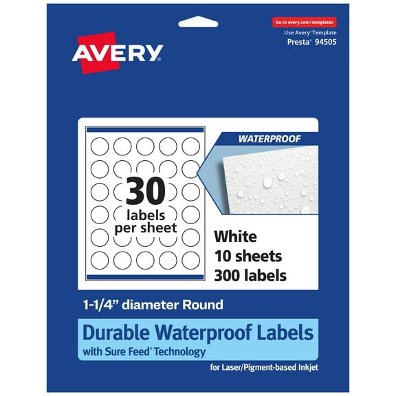 Avery 1-1/4" Diameter Waterproof Round Labels, 300 Labels