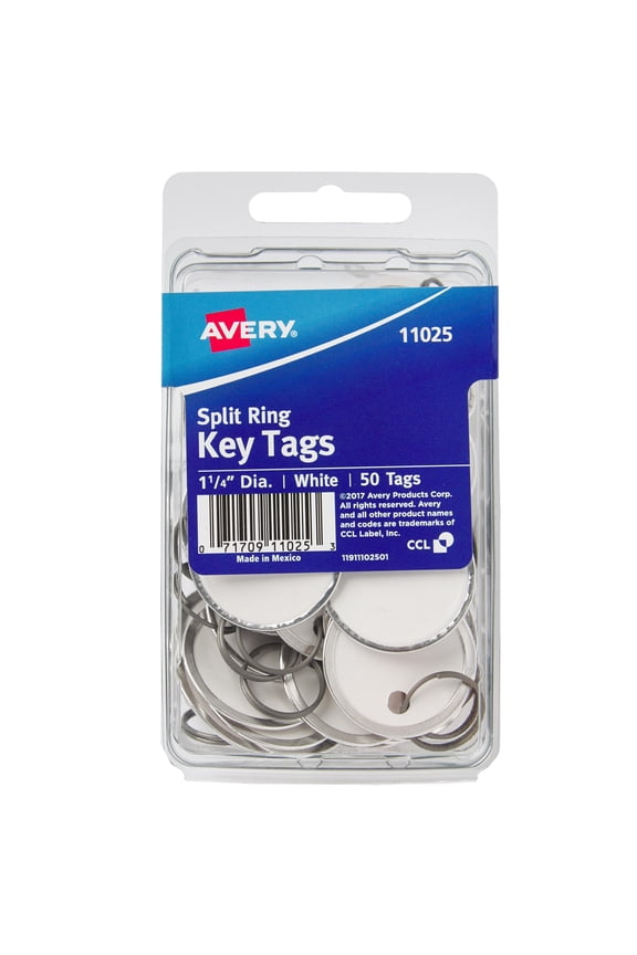 1-1/4" Metal Rim Key Tags, Split Ring, White, 50 Tags (11025)