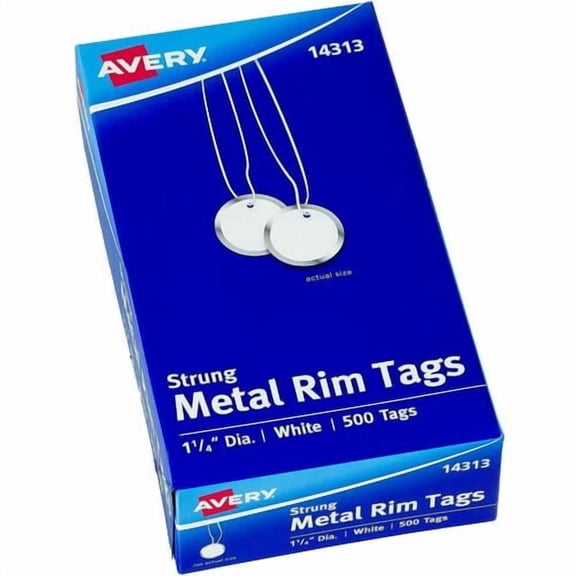 Avery® 1-1/4" Metal Rim Key Tags, Strung, White, 500 Tags (14313), 1.25" Diameter, Round, String Fastener, Metal, Card Stock | 5 Boxes (2500 Total)