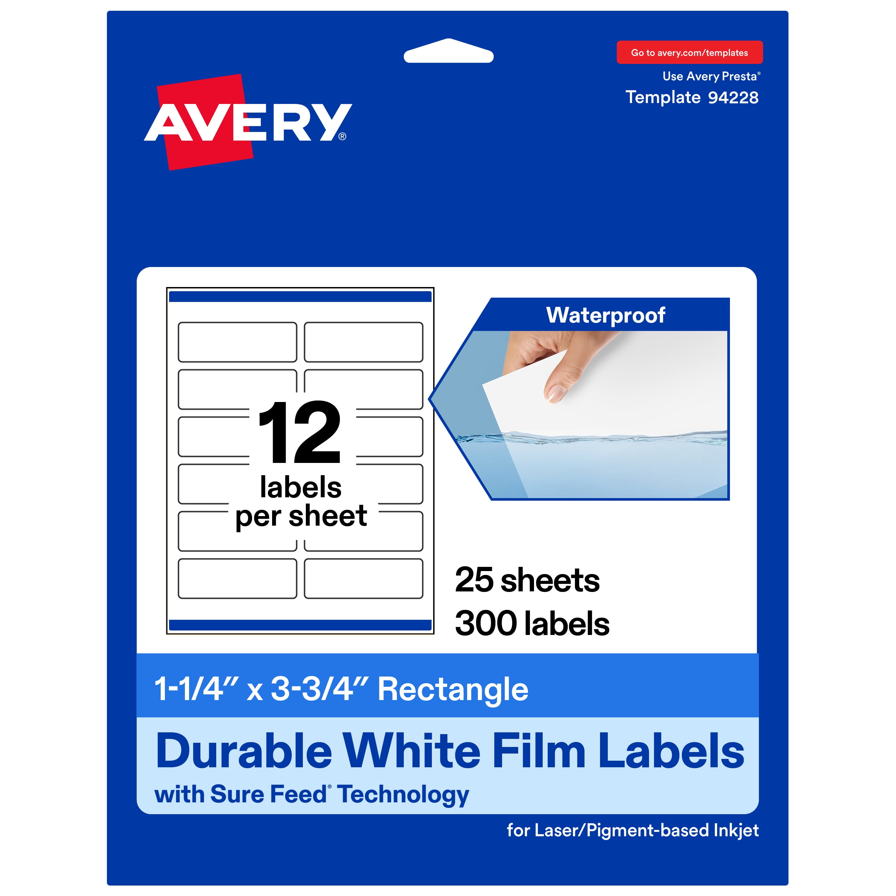Avery 1-1/4" x 3-3/4" Waterproof Rectangle Labels, 300 Labels