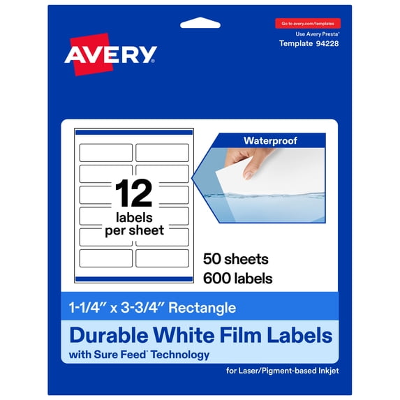 Avery 1-1/4" x 3-3/4" Waterproof Rectangle Labels, 600 Labels