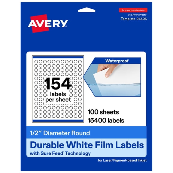 Avery 1/2" Diameter Waterproof Round Labels, 15,400 Labels