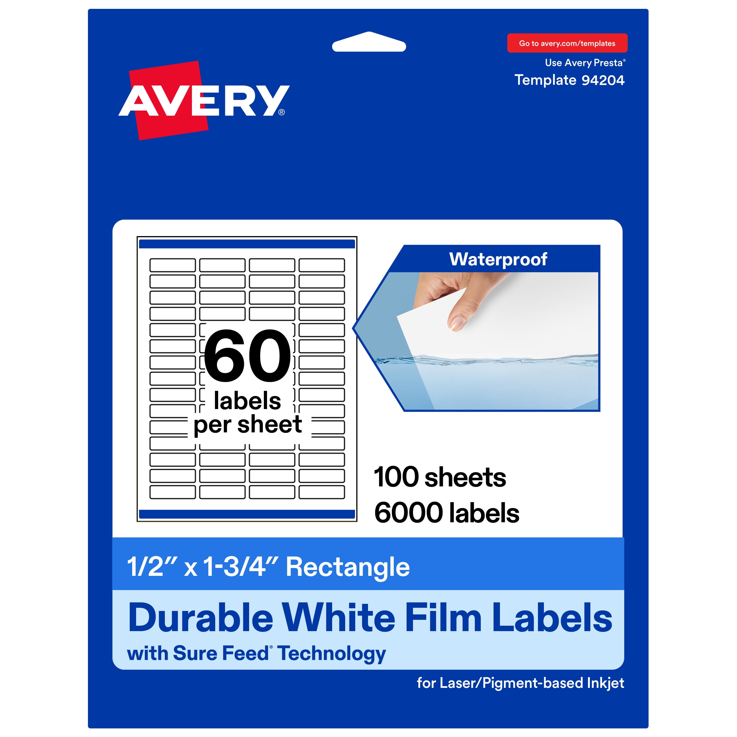 Avery 1/2" x 1-3/4" Waterproof Rectangle Labels, 6,000 Labels