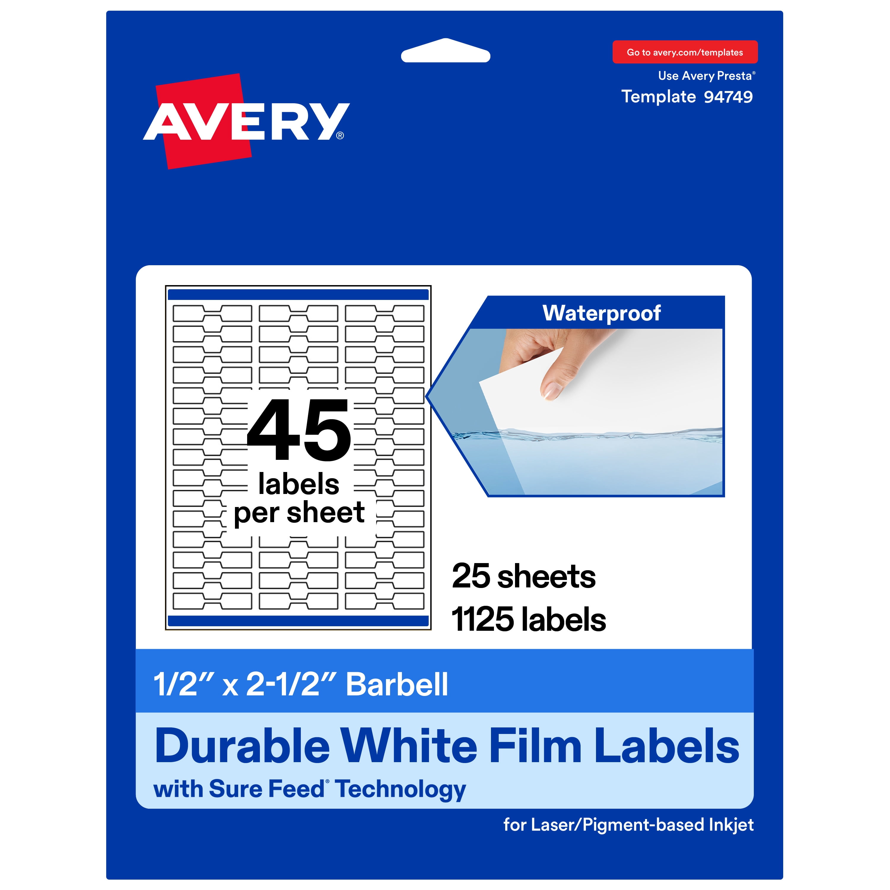 Avery 1/2" x 2-1/2" Waterproof Barbell Labels, 1,125 Labels