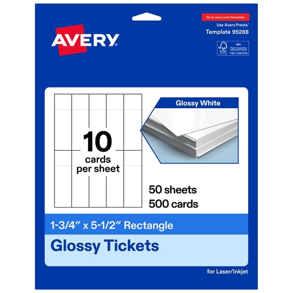 Avery 1-3/4" x 5-1/2" Rectangle Tickets, Glossy White, 500ct