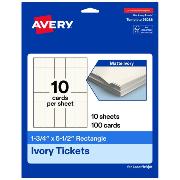 Avery 1-3/4" x 5-1/2" Rectangle Tickets, Matte Ivory, 100ct