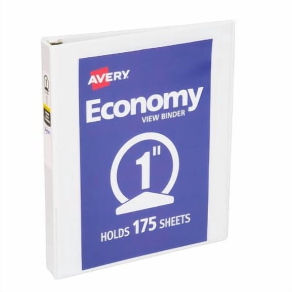 Avery 1" Round Ring Binder 175 Sheet Capacity Economy View Binder - White: Professional 3 Ring, Hard Cover, 1in