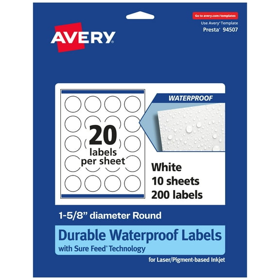 Avery 1-5/8" Diameter Waterproof Round Labels, 200 Labels