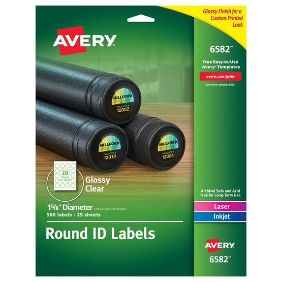 Avery 1-5/8" Round ID Labels, Glossy Clear, 500 Labels (6582)