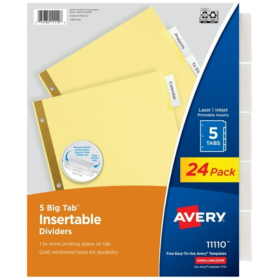 Avery 1" Durable Standard Binders, Black, 12-Pack with Avery WorkSaver Insertable Tab Index Dividers, 5-Tab, Clear, 24-Pack Bundle
