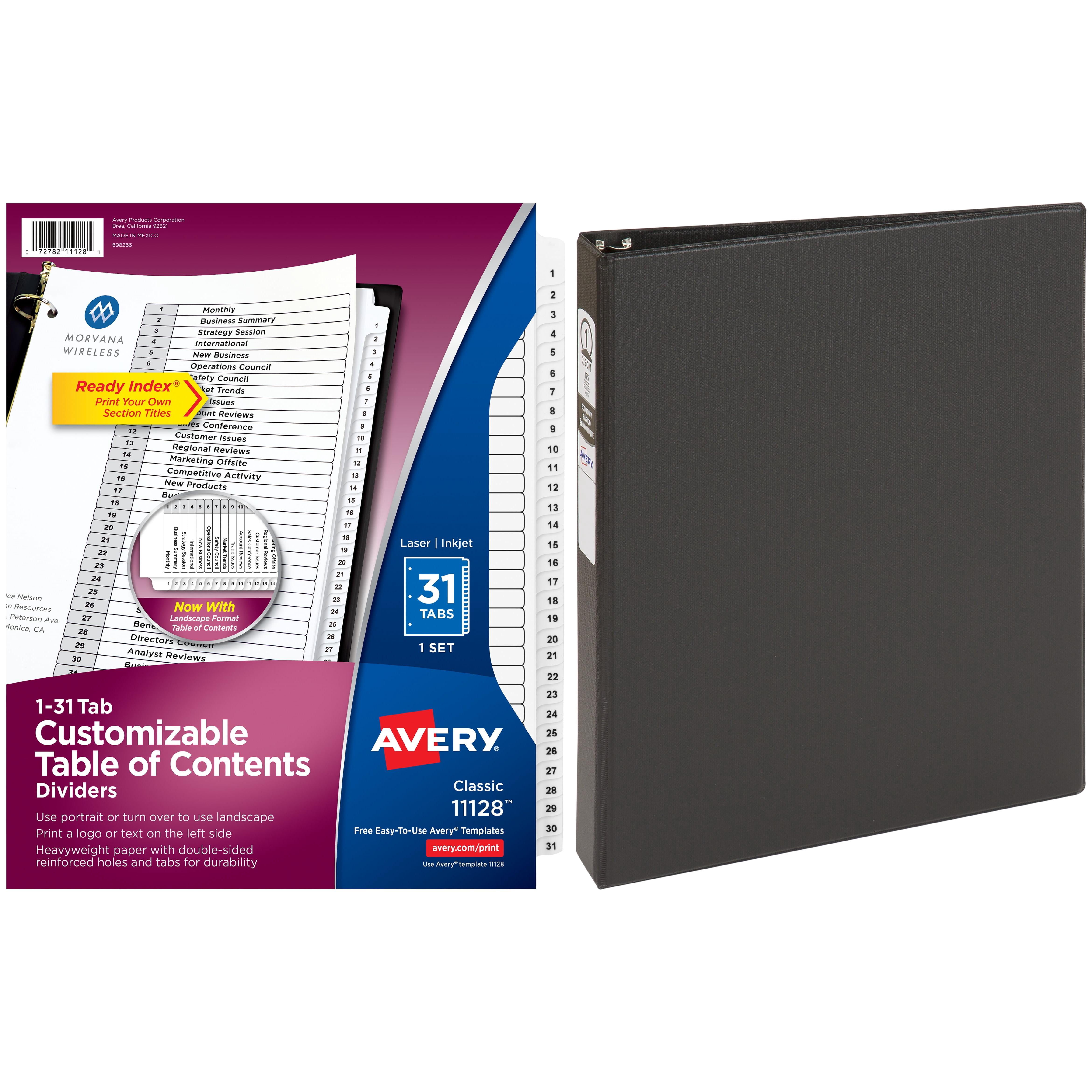 Avery 1" Economy Round Ring Reference Binder, Black with Avery Ready Index Classic Tab Titles, 31-Tab 11128, 1-31, Letter, Black/White, 31/Set Bundle