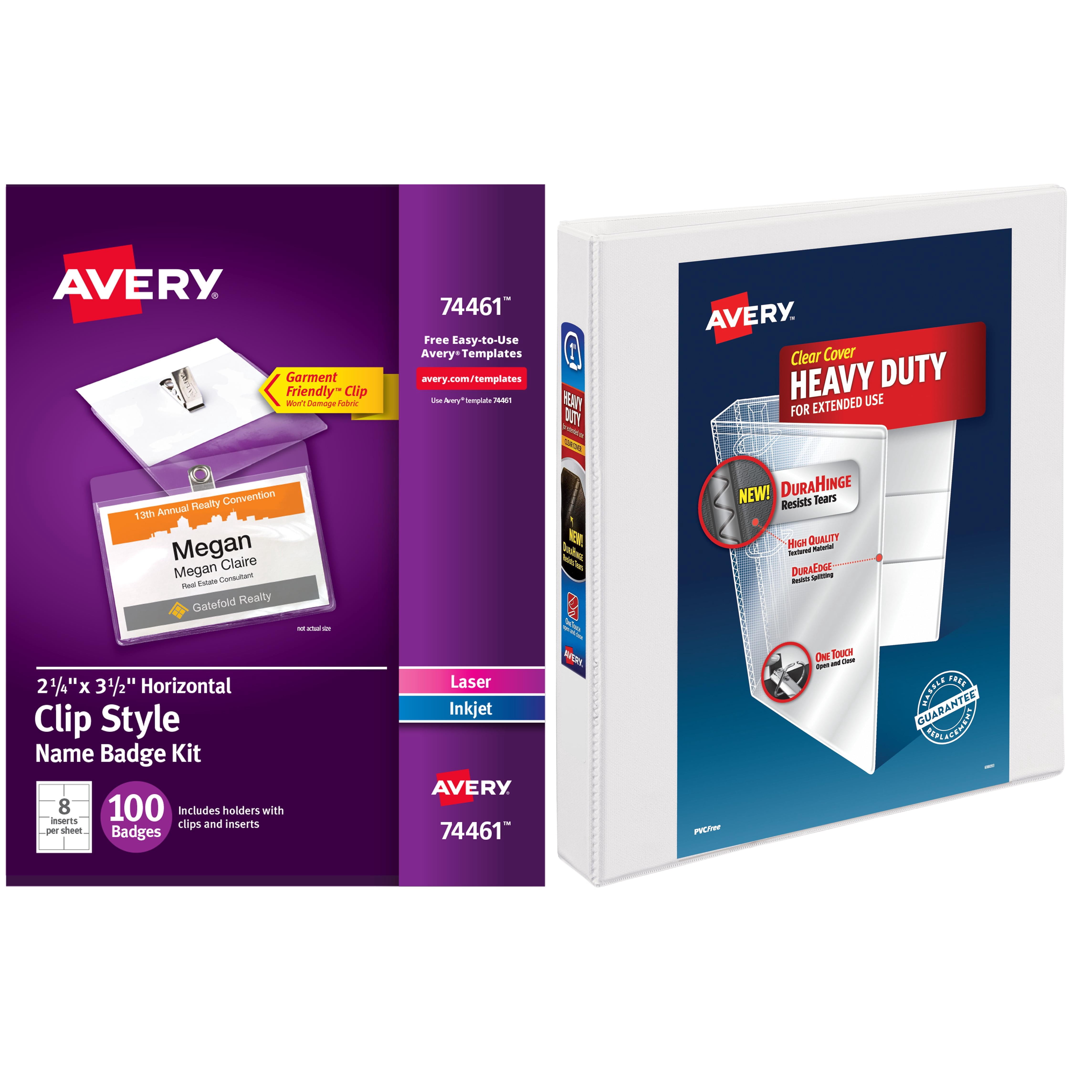 Avery 1" Heavy Duty Clear Cover Binder, White and Avery Badge Holder Kit w/Laser/Inkjet Insert, Top Load, 2 1/4 x 3 1/2, White, 100/BX Bundle