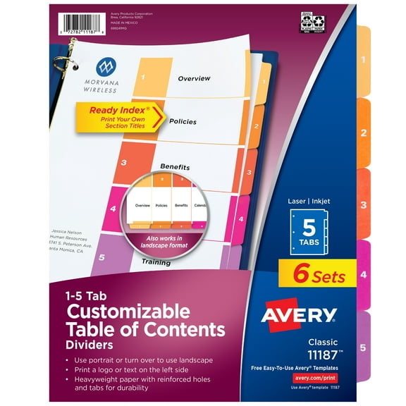 Avery 1" Heavy Duty Clear Cover Binder, White and Avery Ready Index Table of Contents Dividers 11187, 5-Tab, 6 Sets Bundle