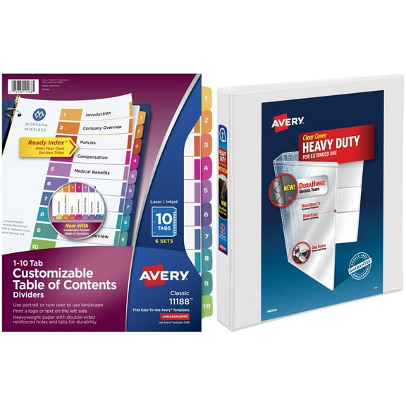 Avery 1" Heavy Duty Clear Cover Binder, White and Avery Ready Index Table of Contents Dividers 11188, 10-Tab, 6 Sets Bundle