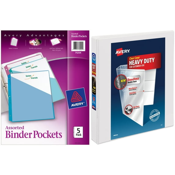 Avery 1" Heavy Duty Clear Cover Binder, White and Avery Ring Binder Polypropylene Pockets, 8-1/2 x 11, 5/Pack Bundle