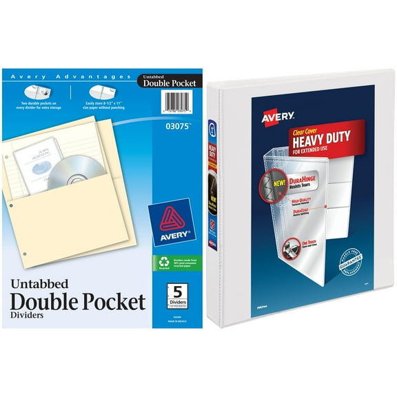 Avery 1" Heavy Duty Clear Cover Binder, White and Avery Untabbed Double Pocket Dividers Bundle