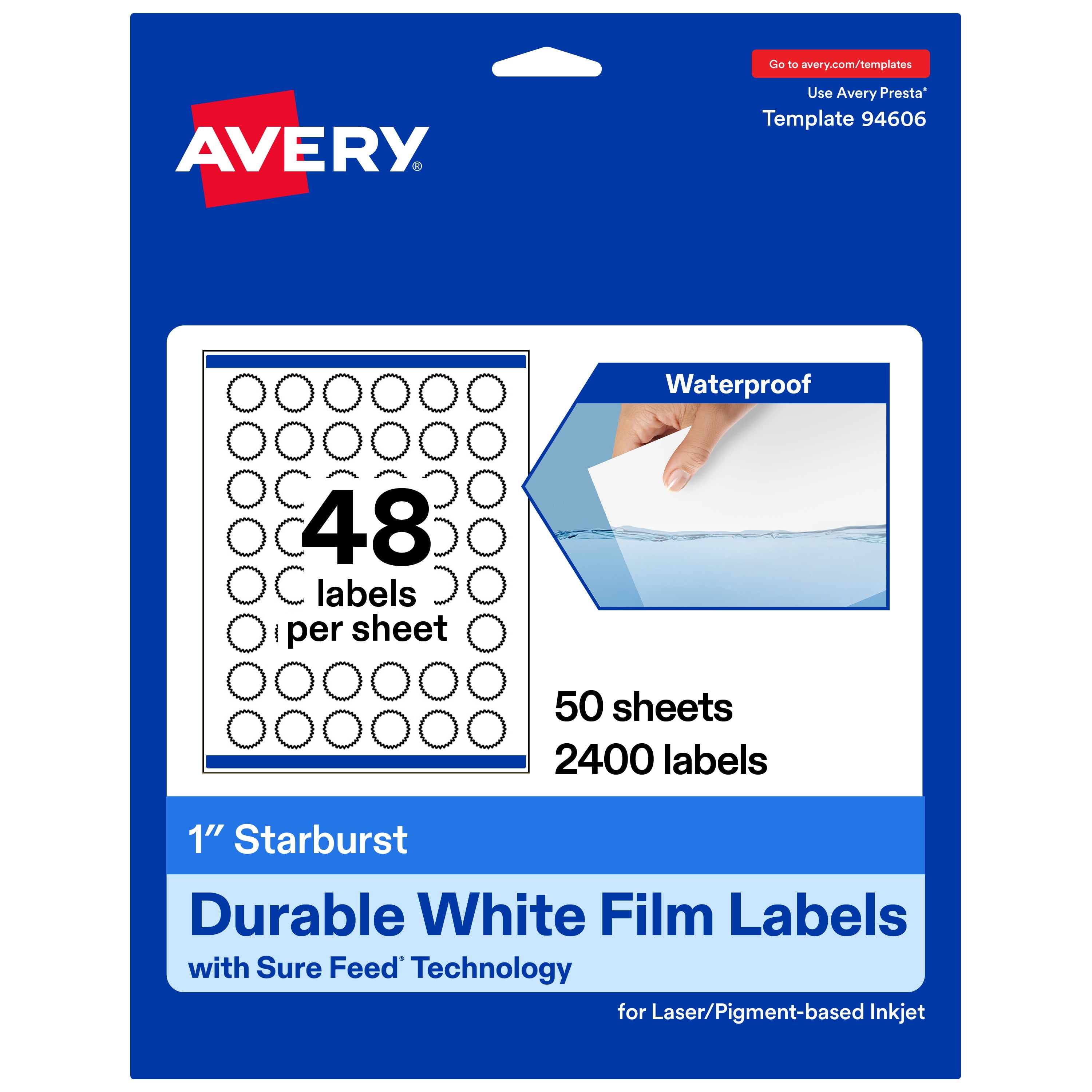 Avery 1" Waterproof Starburst Labels, 2,400 Labels