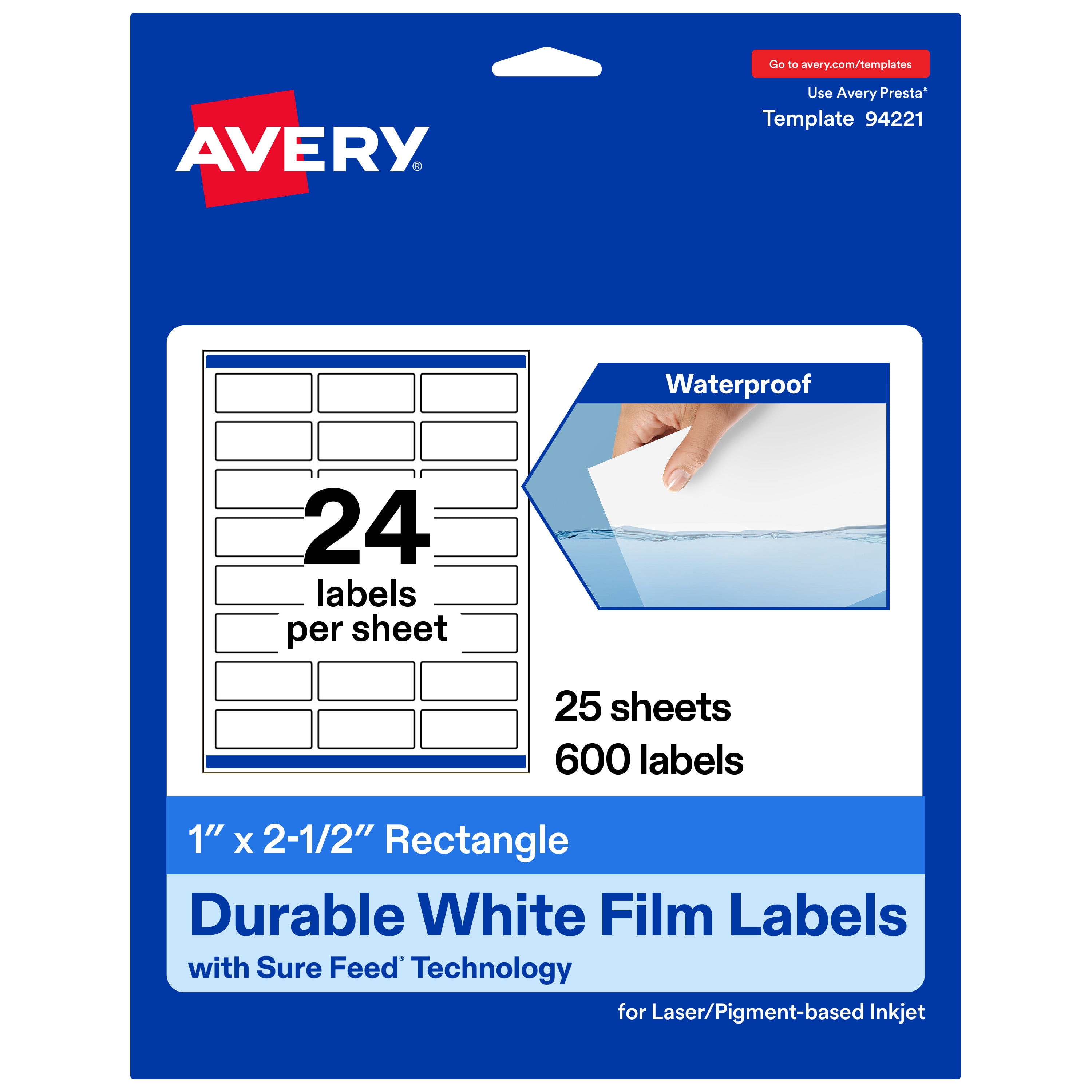 Avery 1" x 2-1/2" Waterproof Rectangle Labels, 600 Labels