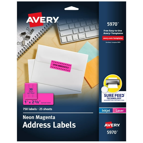 Avery Address Labels, 1" x 2-5/8", Neon Magenta, 750 Total (5970)