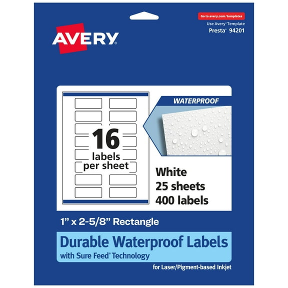 Avery 1" x 2-5/8" Waterproof Rectangle Labels, 400 Labels