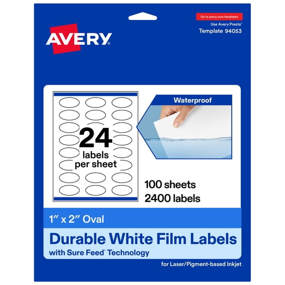 Avery 1" x 2" Waterproof Oval Labels, 2,400 Labels
