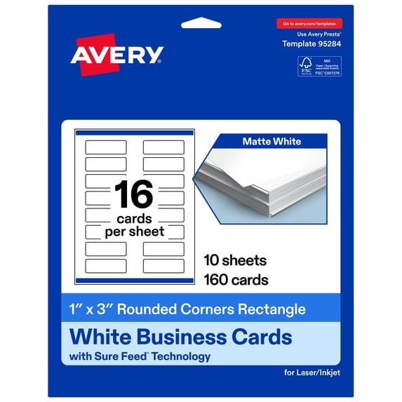 Avery 1" x 3" Rectangle Rounded Corner Cards, Matte White, 160ct
