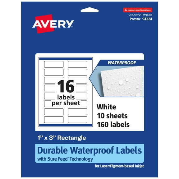 Avery 1" x 3" Waterproof Rectangle Labels, 160 Labels