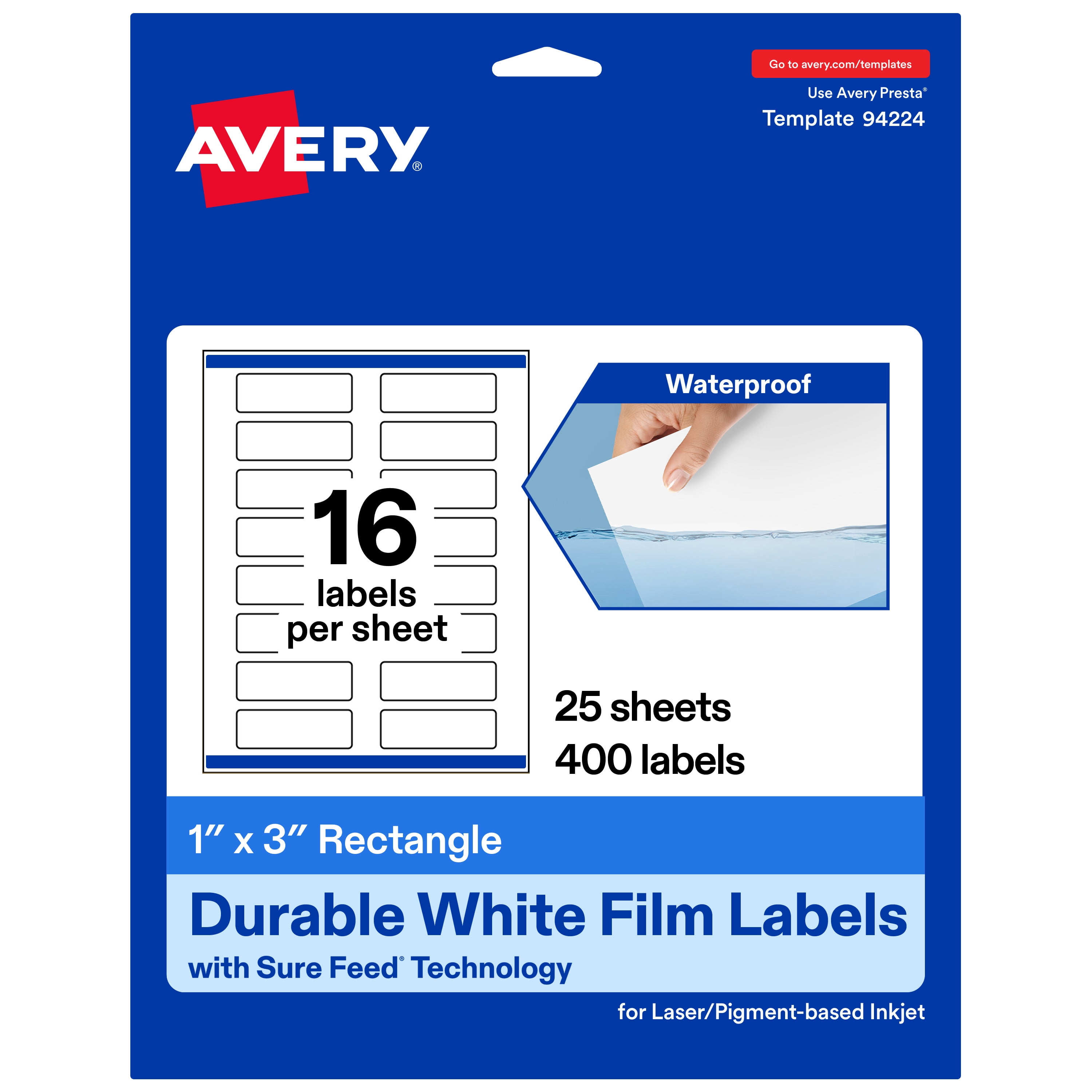 Avery 1" x 3" Waterproof Rectangle Labels, 400 Labels