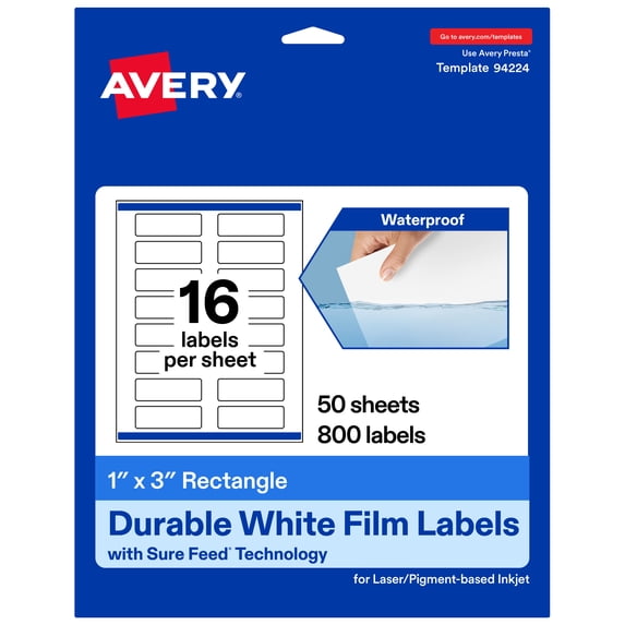 Avery 1" x 3" Waterproof Rectangle Labels, 800 Labels