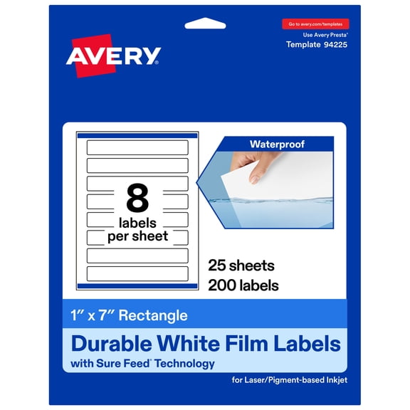 Avery 1" x 7" Waterproof Rectangle Labels, 200 Labels