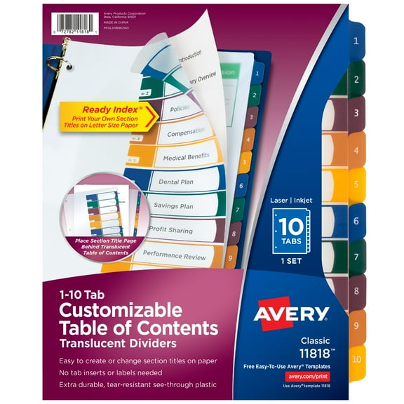 Avery 10 Tab Dividers, Customizable TOC, Multicolor, 1 Set (11818)