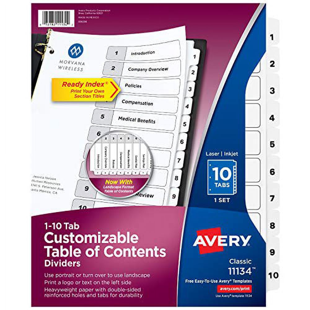 Avery 10 Tab Dividers for 3 Ring Binders, Customizable Table of