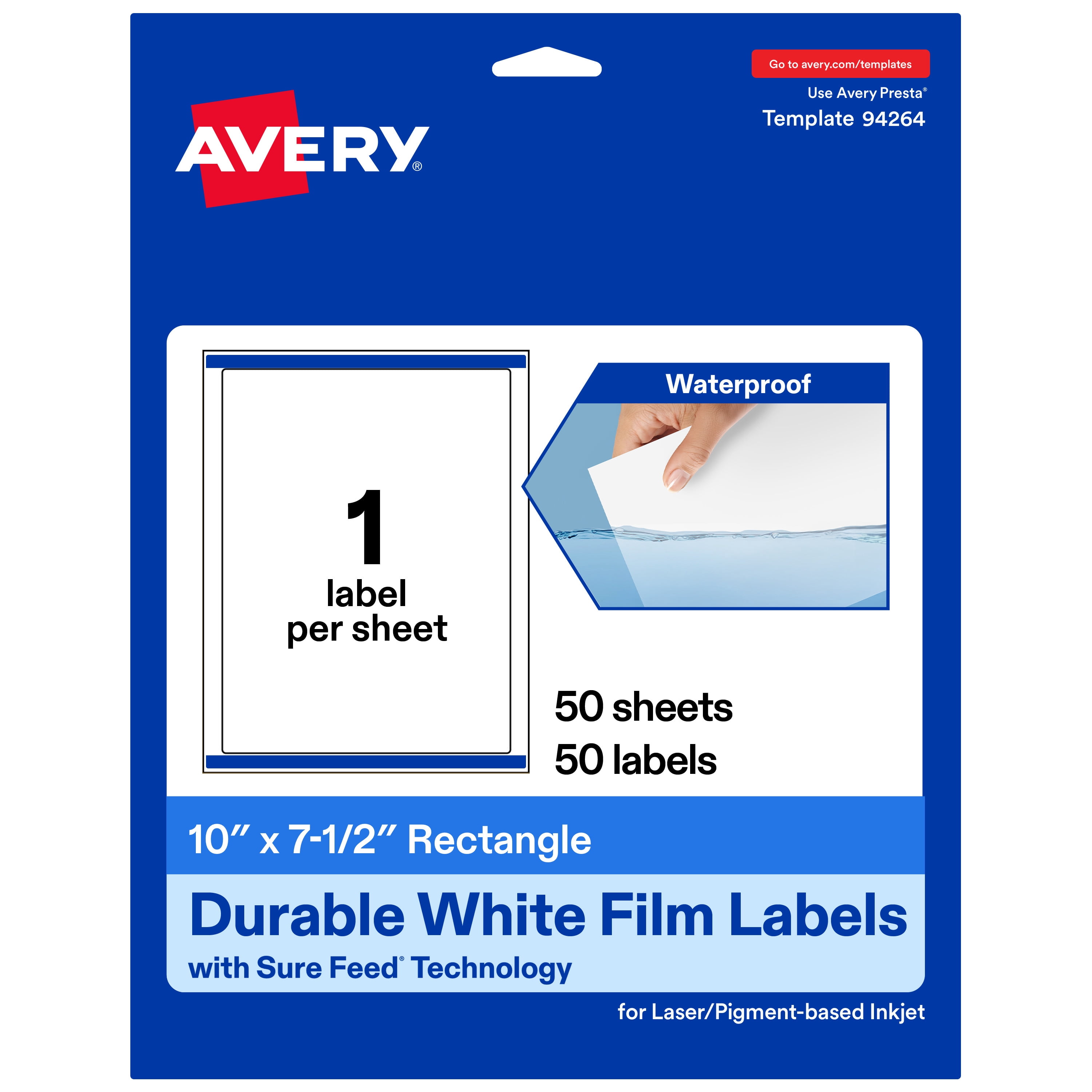 Avery 10" x 7-1/2" Waterproof Rectangle Labels, 50 Labels