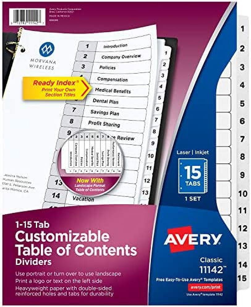 Avery 15 Tab Dividers for 3 Ring Binders, Customizable Table of