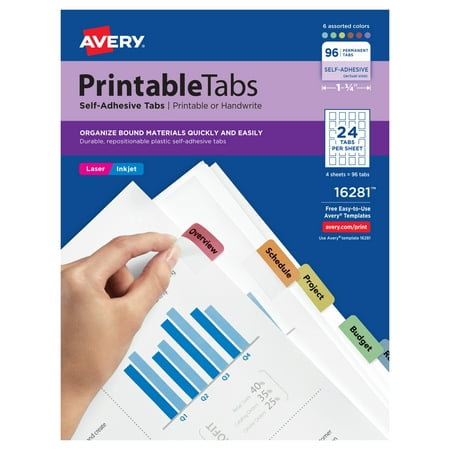 Avery Printable Plastic Tabs with Repositionable Adhesive, 1/5-Cut Tabs, Assorted Colors, 1.25" Wide, 96/Pack -AVE16281