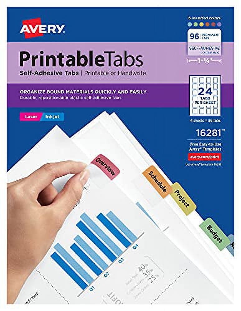 Avery 16281 Printable Plastic Tabs with Repositionable Adhesive, 1 1/4 ...