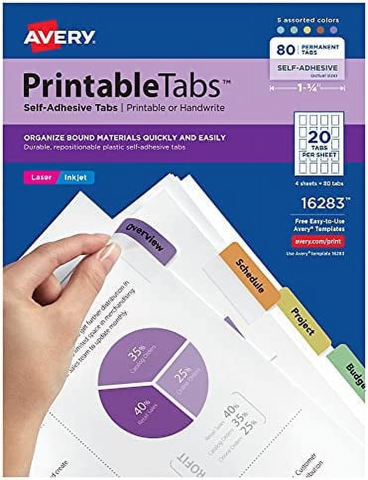 Avery 16283 Printable Plastic Tabs with Repositionable Adhesive, 1 3/4 ...
