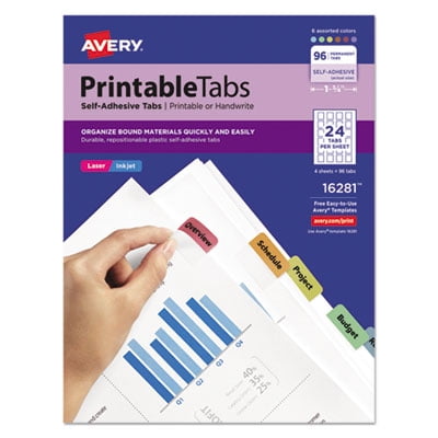 Avery Assorted Color Printable Plastic Tabs with Self-Adhesive, 1.25" Wide, Pack of 96