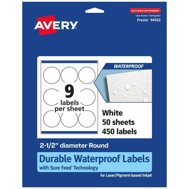 Avery 2-1/2" Diameter Waterproof Round Labels, 450 Labels