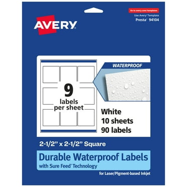 Avery 2-1/2" x 2-1/2" Waterproof Square Labels, 90 Labels