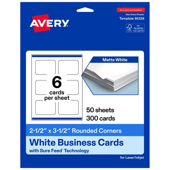 Avery 2-1/2" x 3-1/2" Rounded Corner Cards, Matte White, 300ct