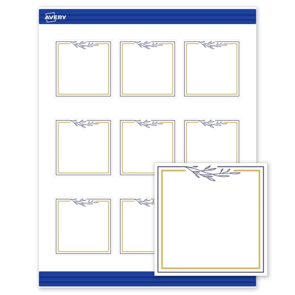Avery 2.5" x 2.5" Cards, Gold & Navy Border with Florals, 90 ct