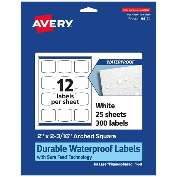 Avery 2" x 2-3/16" Waterproof Arched Square Labels, 300 Labels