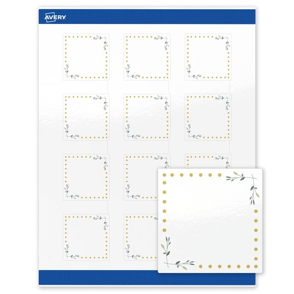 Avery 2" x 2" Labels, Gold Dots with Green Florals, 120 ct, Glossy, Green Florals with Gold Dots